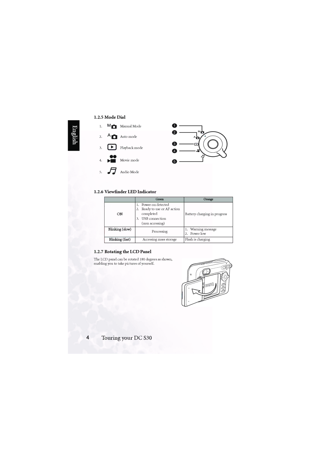 BenQ DC S30 user manual Mode Dial, Viewfinder LED Indicator, Rotating the LCD Panel 