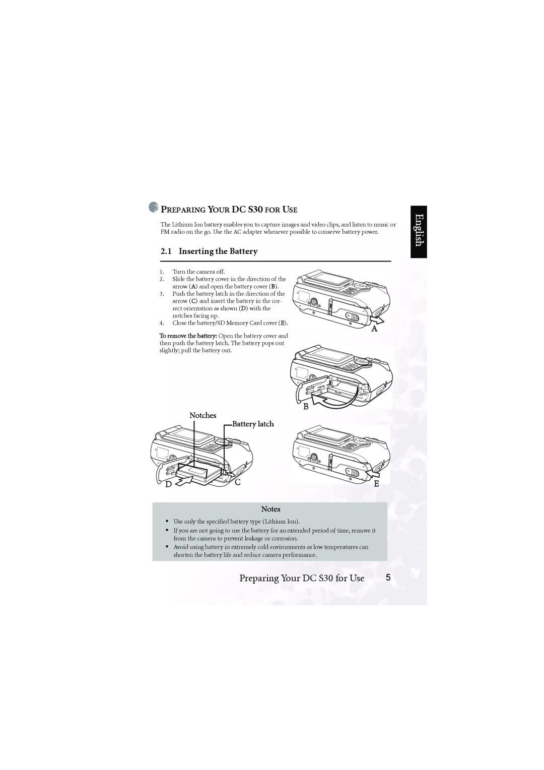 BenQ DC S30 user manual Inserting the Battery, Notches Battery latch 