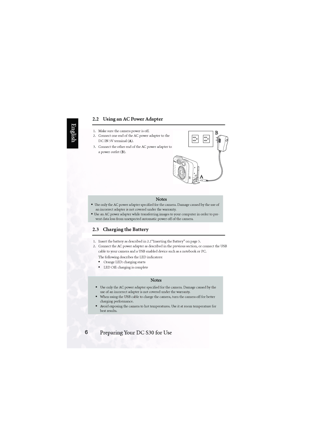 BenQ DC S30 user manual Using an AC Power Adapter, Charging the Battery 