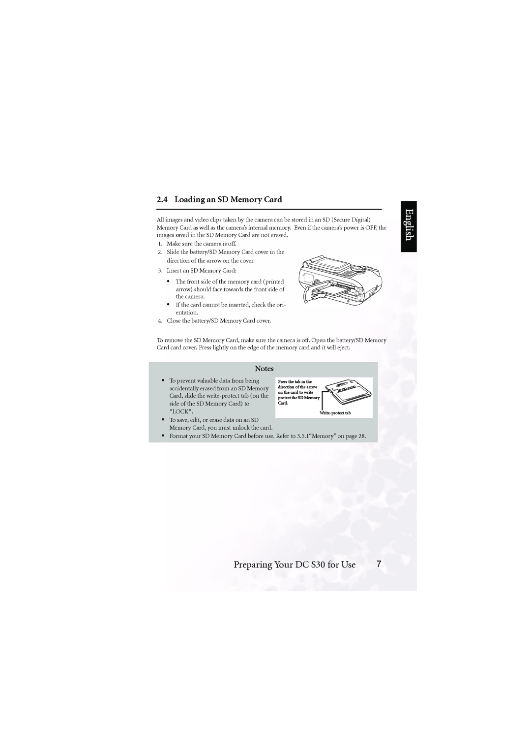 BenQ DC S30 user manual Loading an SD Memory Card 