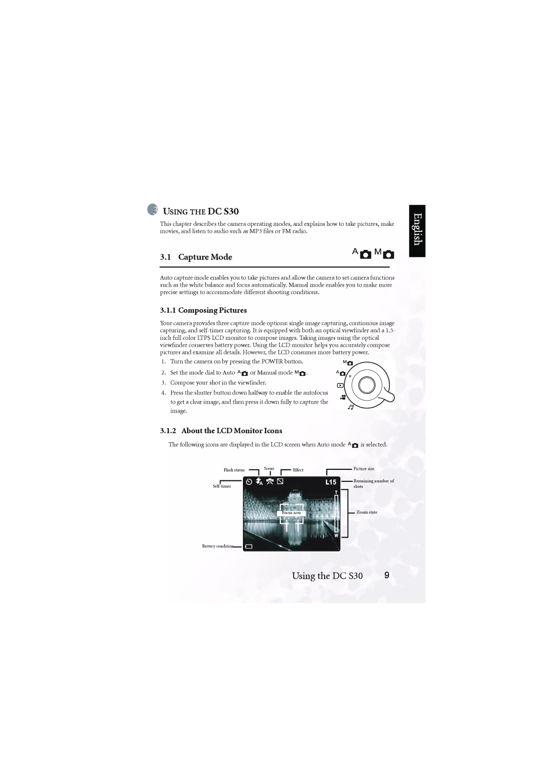 BenQ DC S30 user manual Capture Mode, Composing Pictures, About the LCD Monitor Icons 