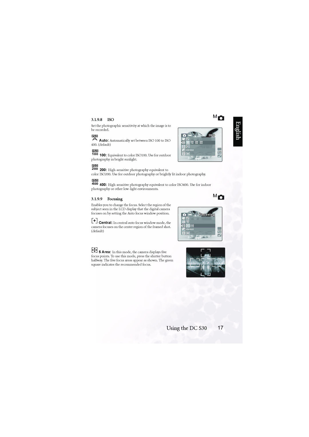 BenQ DC S30 user manual 9.8 ISO, Focusing 