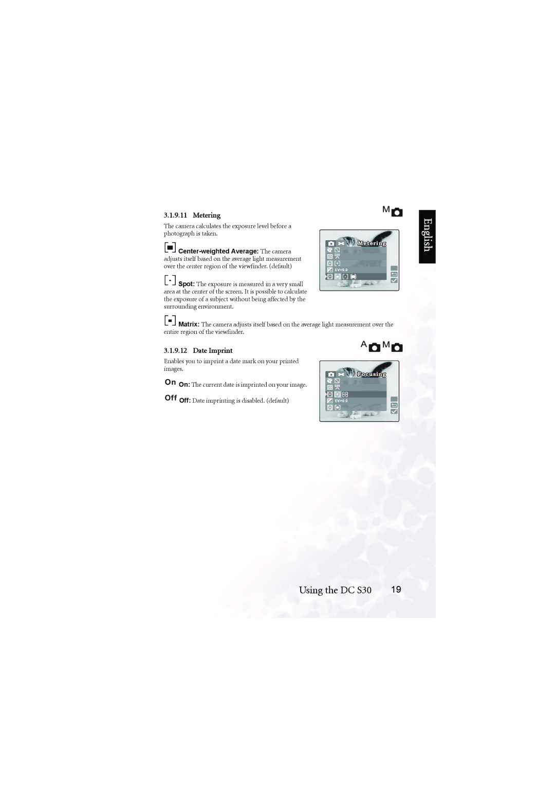 BenQ DC S30 user manual Metering, Date Imprint, Center-weighted Average The camera 