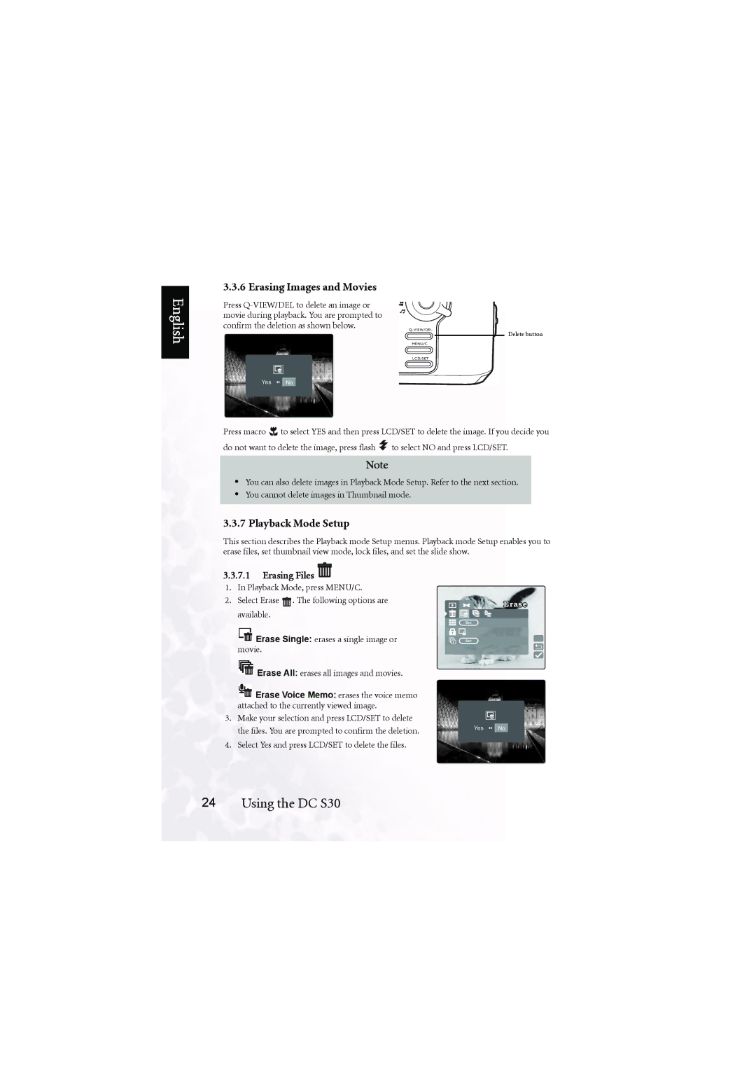 BenQ DC S30 user manual Erasing Images and Movies, Playback Mode Setup, Erasing Files 