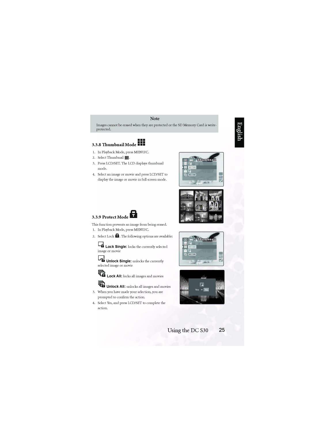 BenQ DC S30 user manual Thumbnail Mode, Protect Mode, Unlock Single unlocks the currently selected image or movie 