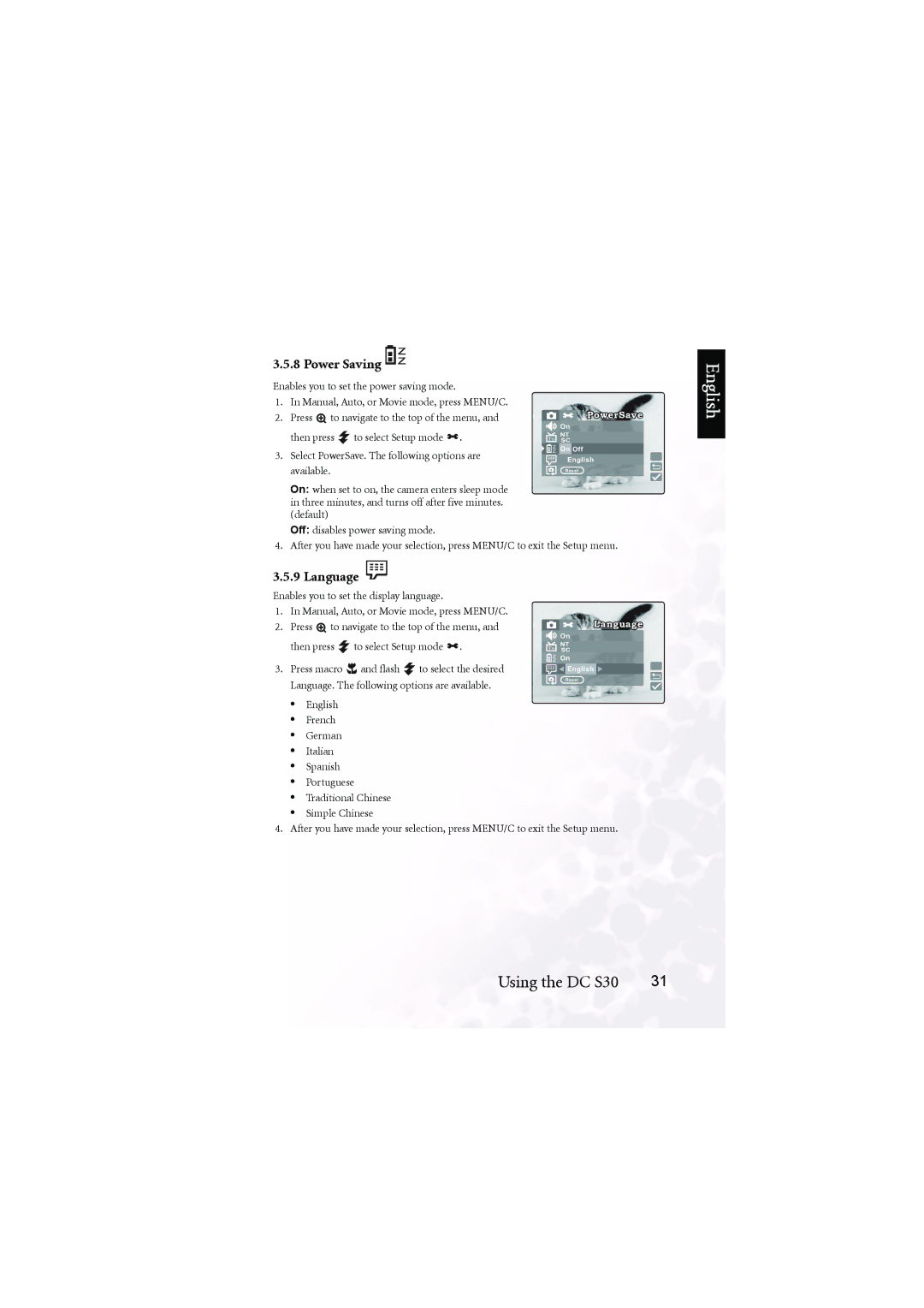 BenQ DC S30 user manual Language, Power Saving 