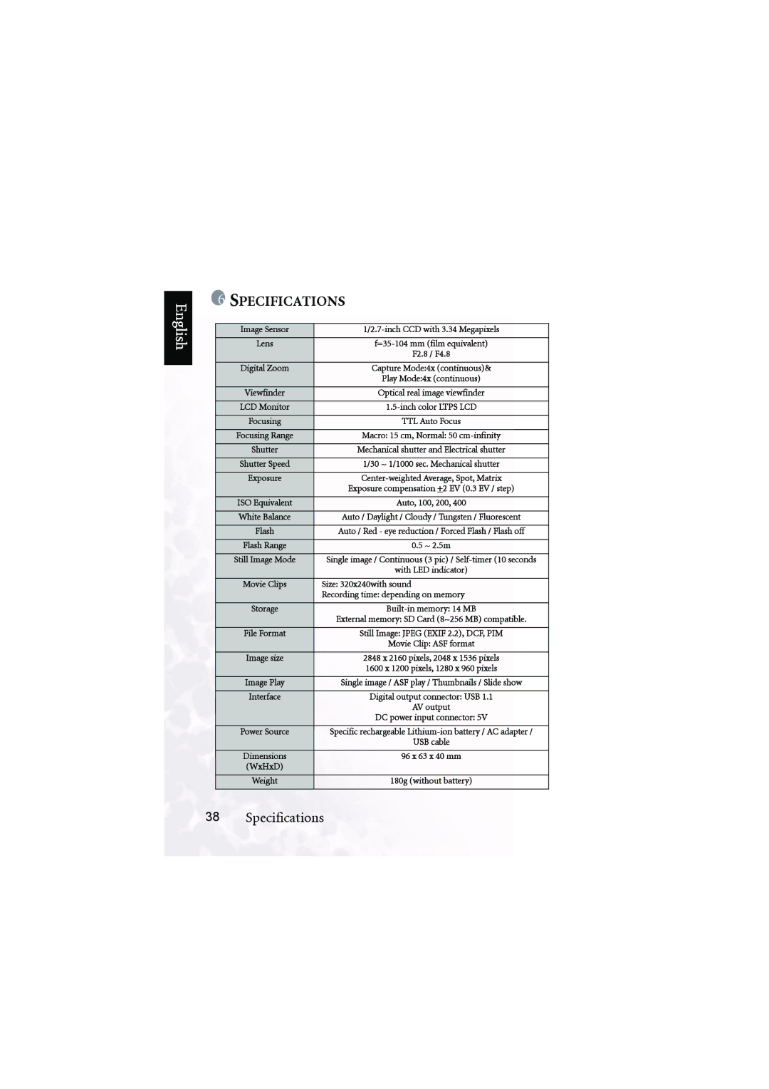 BenQ DC S30 user manual Image Sensor Inch CCD with 3.34 Megapixels, F2.8 / F4.8, ~ 2.5m, Size 320x240with sound, WxHxD 