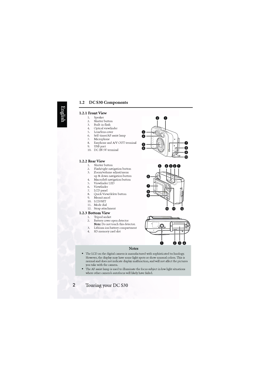 BenQ user manual DC S30 Components, Front View, Rear View, Bottom View 