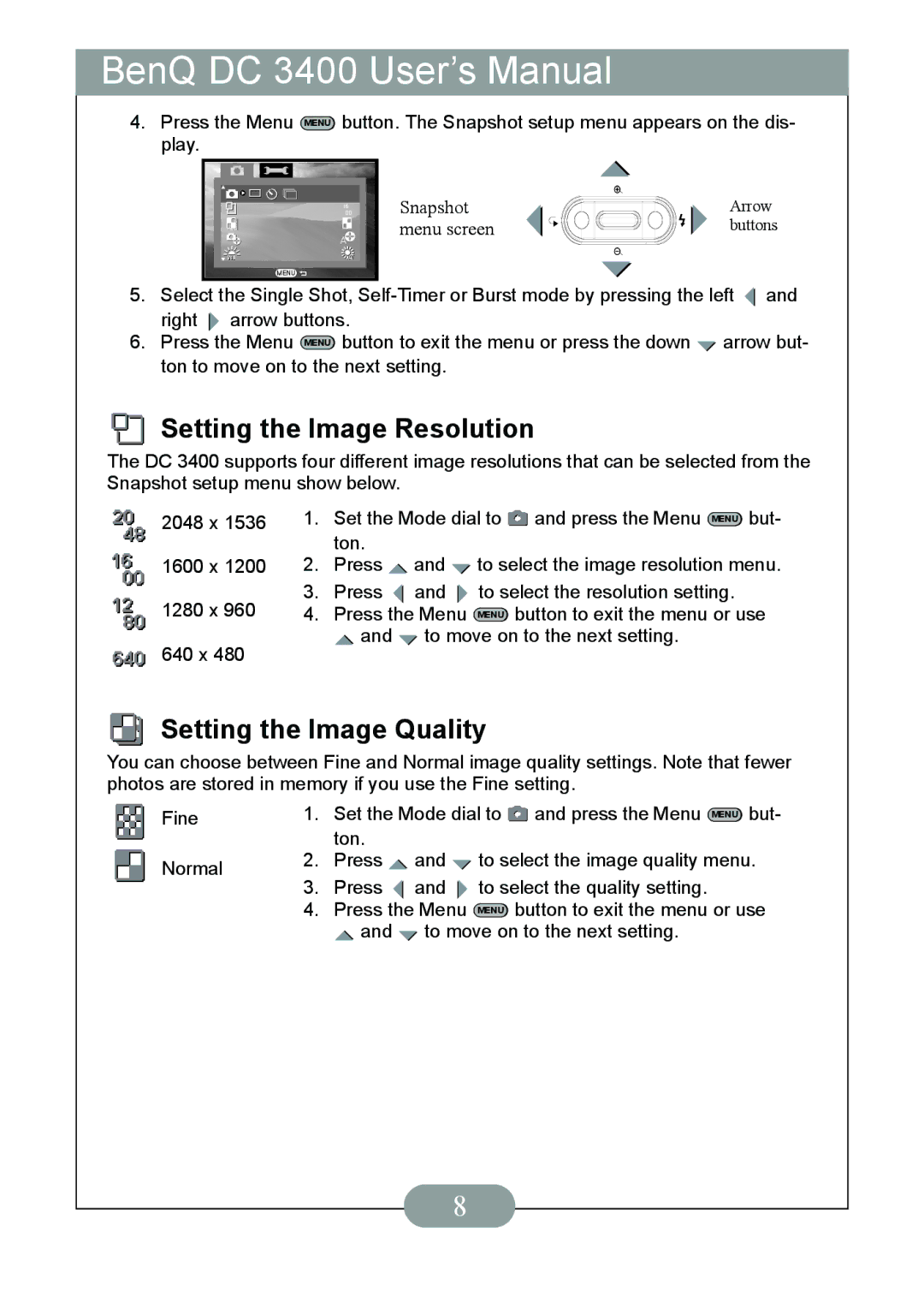 BenQ DC3400 user manual Setting the Image Resolution, Setting the Image Quality 