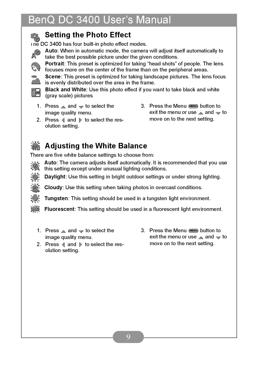 BenQ DC3400 user manual Setting the Photo Effect, Adjusting the White Balance 