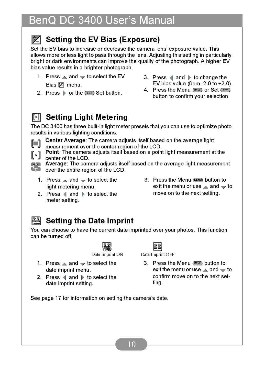 BenQ DC3400 user manual Setting the EV Bias Exposure, Setting Light Metering, Setting the Date Imprint 