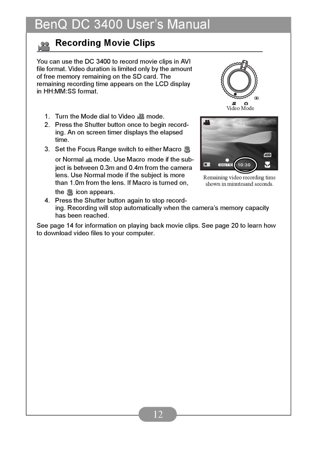 BenQ DC3400 user manual Recording Movie Clips 