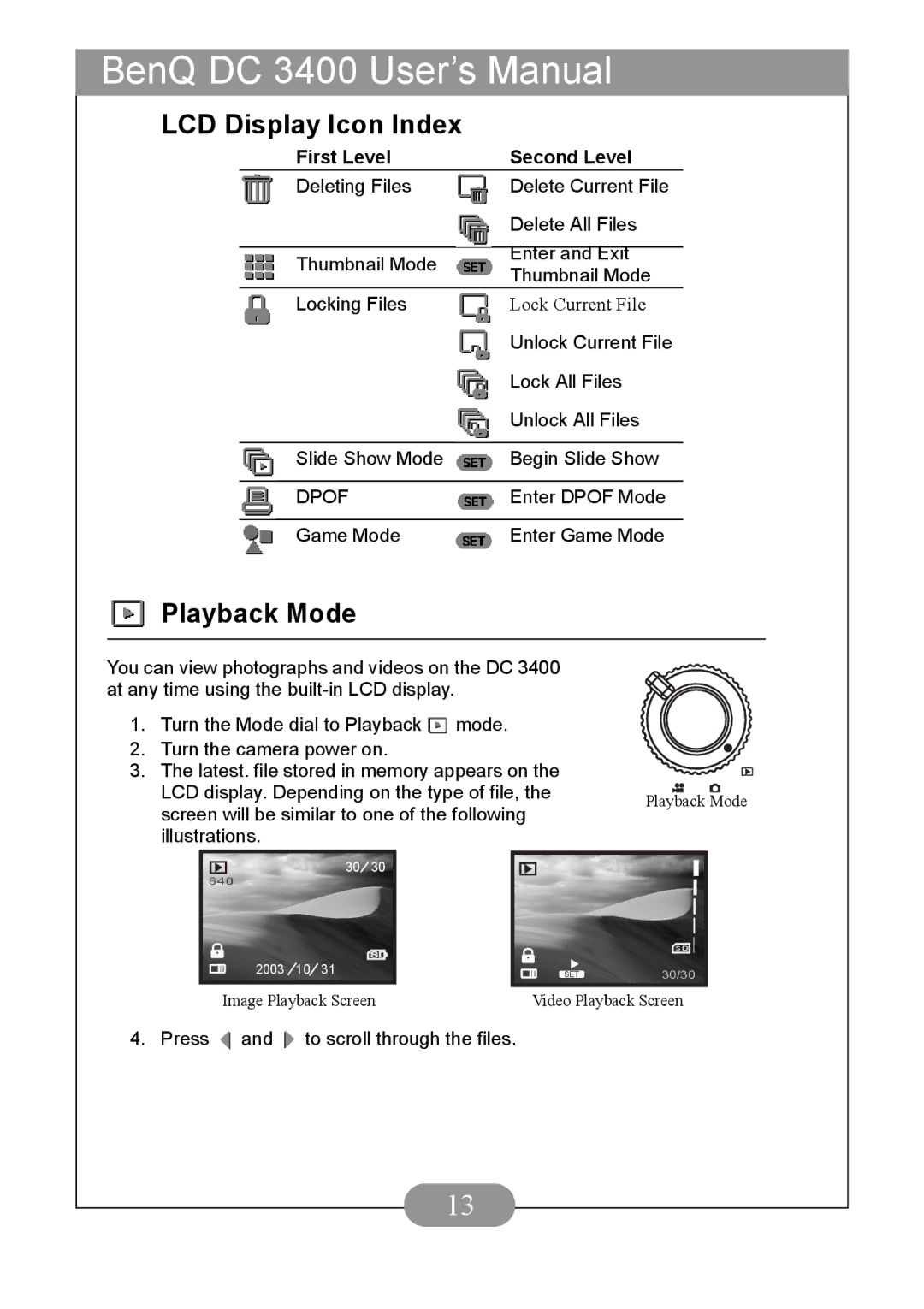 BenQ DC3400 user manual LCD Display Icon Index, Playback Mode 