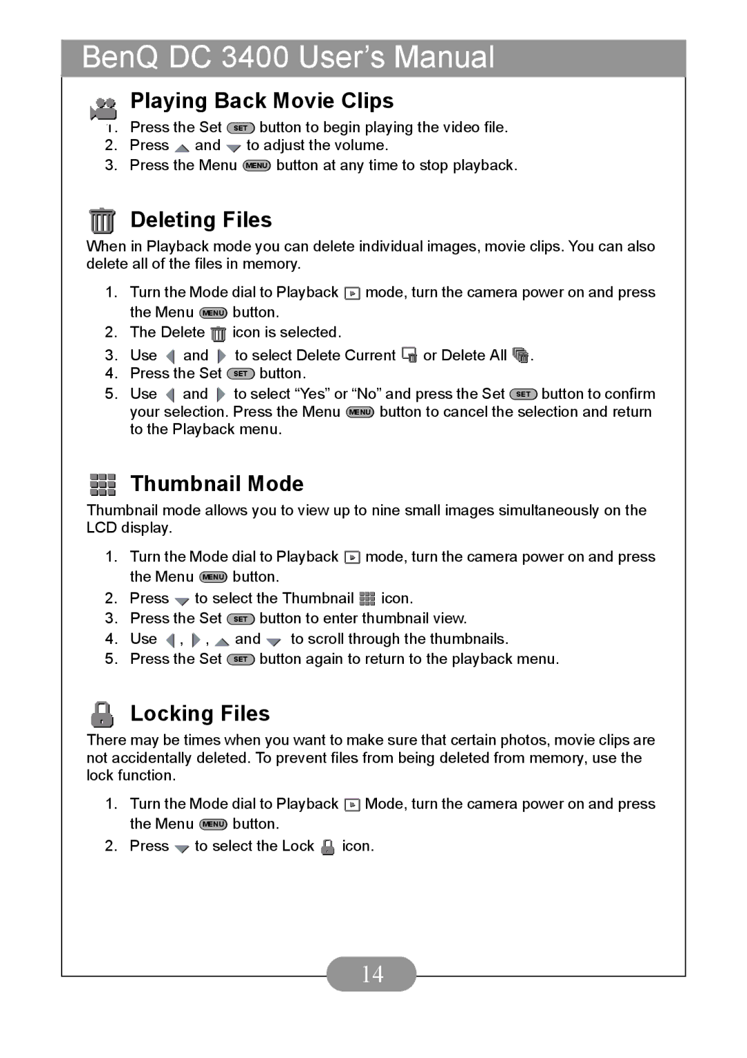 BenQ DC3400 user manual Playing Back Movie Clips, Deleting Files, Thumbnail Mode, Locking Files 