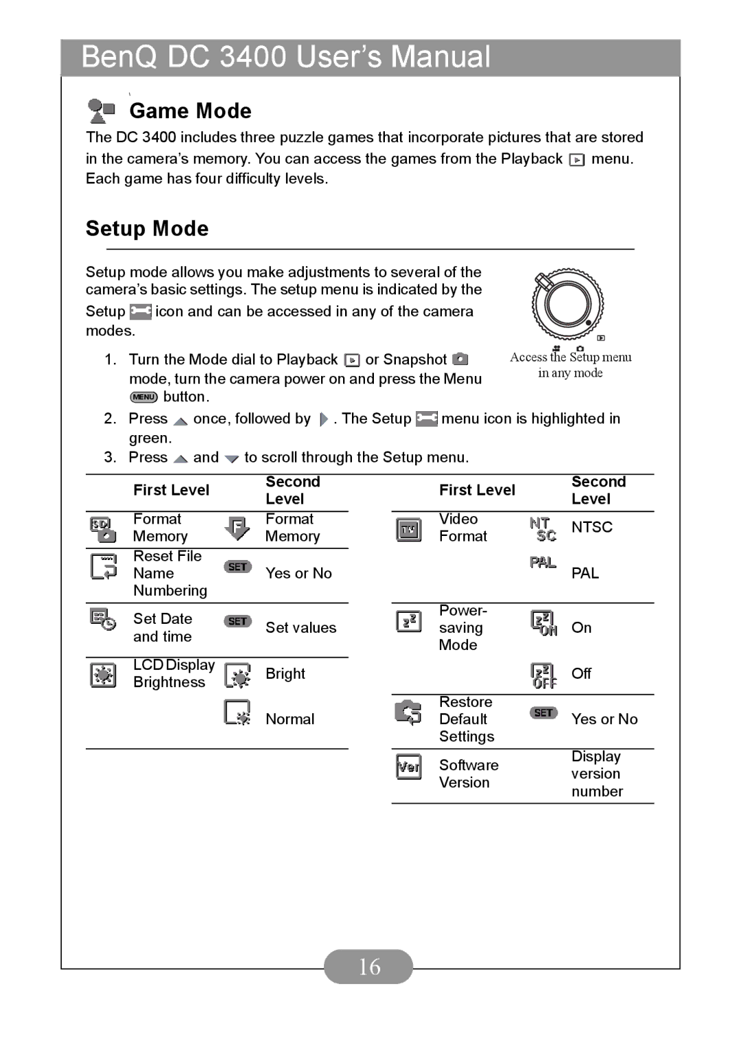 BenQ DC3400 user manual Game Mode, Setup Mode 