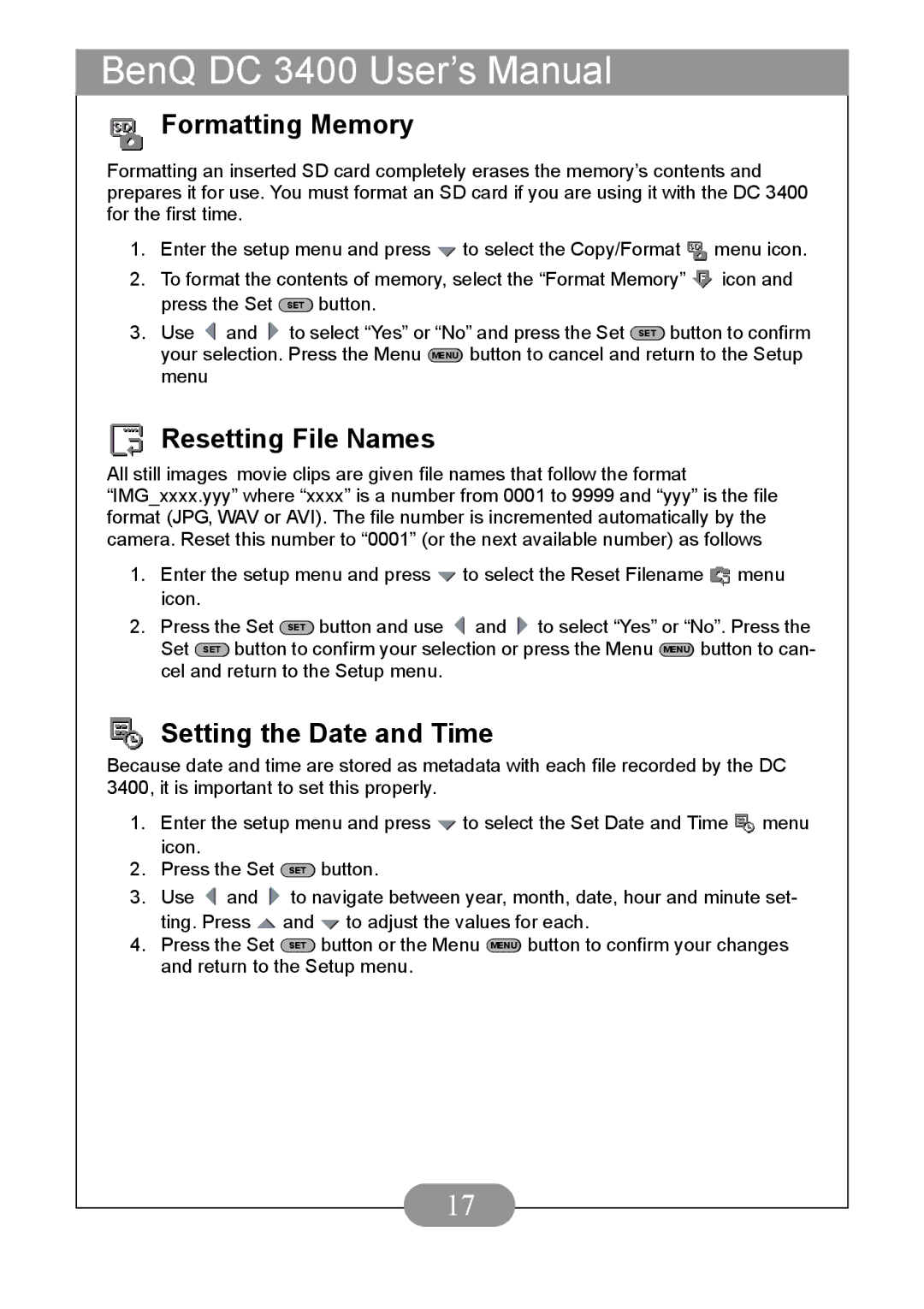 BenQ DC3400 user manual Formatting Memory, Resetting File Names, Setting the Date and Time 