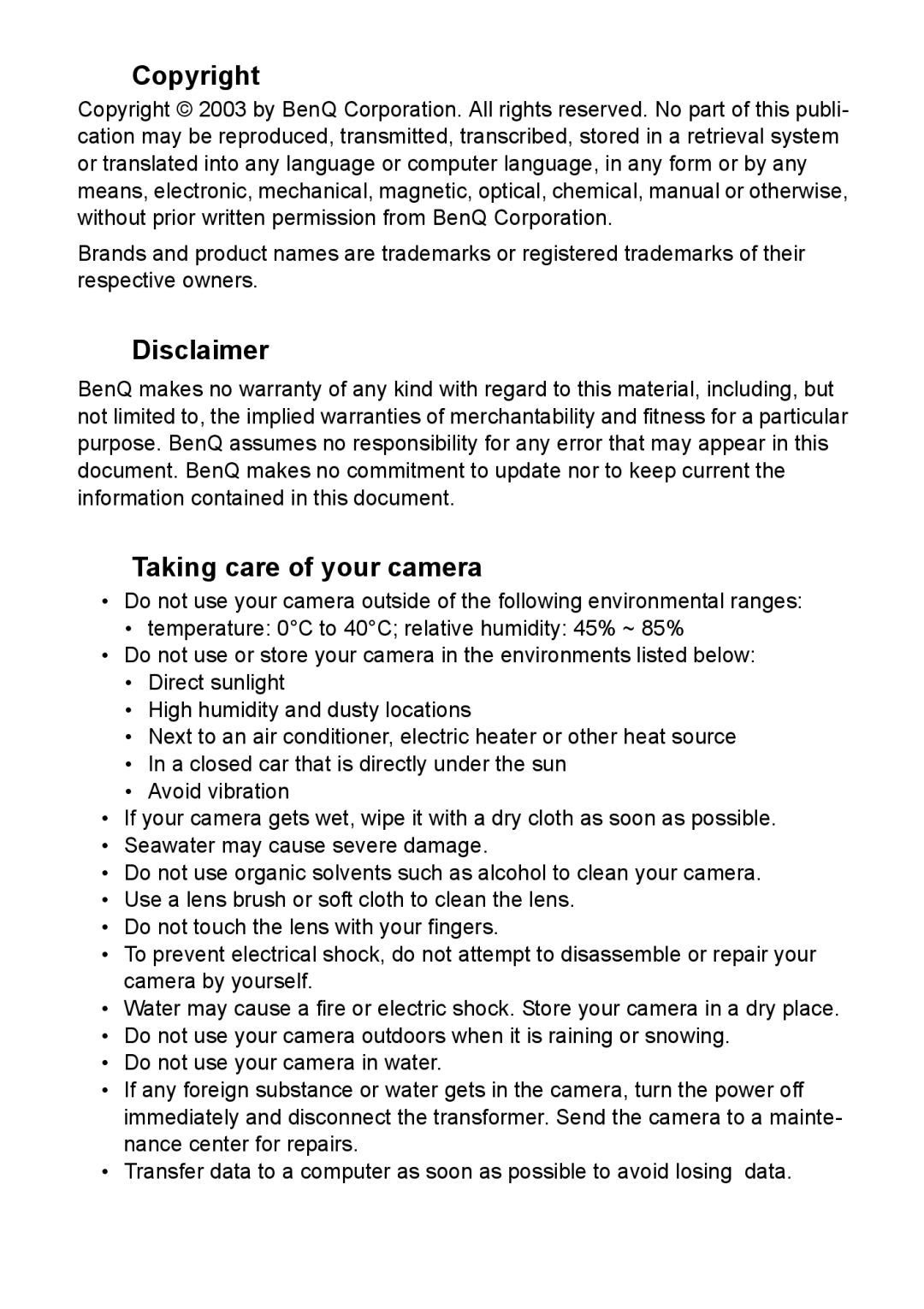 BenQ DC3400 user manual Copyright, Disclaimer, Taking care of your camera 