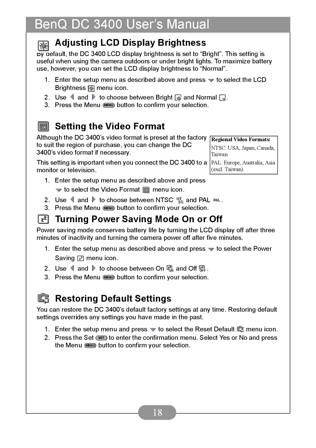 BenQ DC3400 user manual Adjusting LCD Display Brightness, Setting the Video Format, Turning Power Saving Mode On or Off 