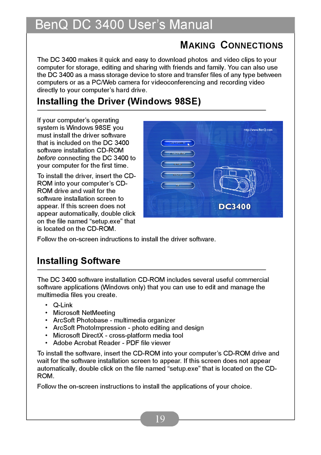 BenQ DC3400 user manual Installing the Driver Windows 98SE, Installing Software 