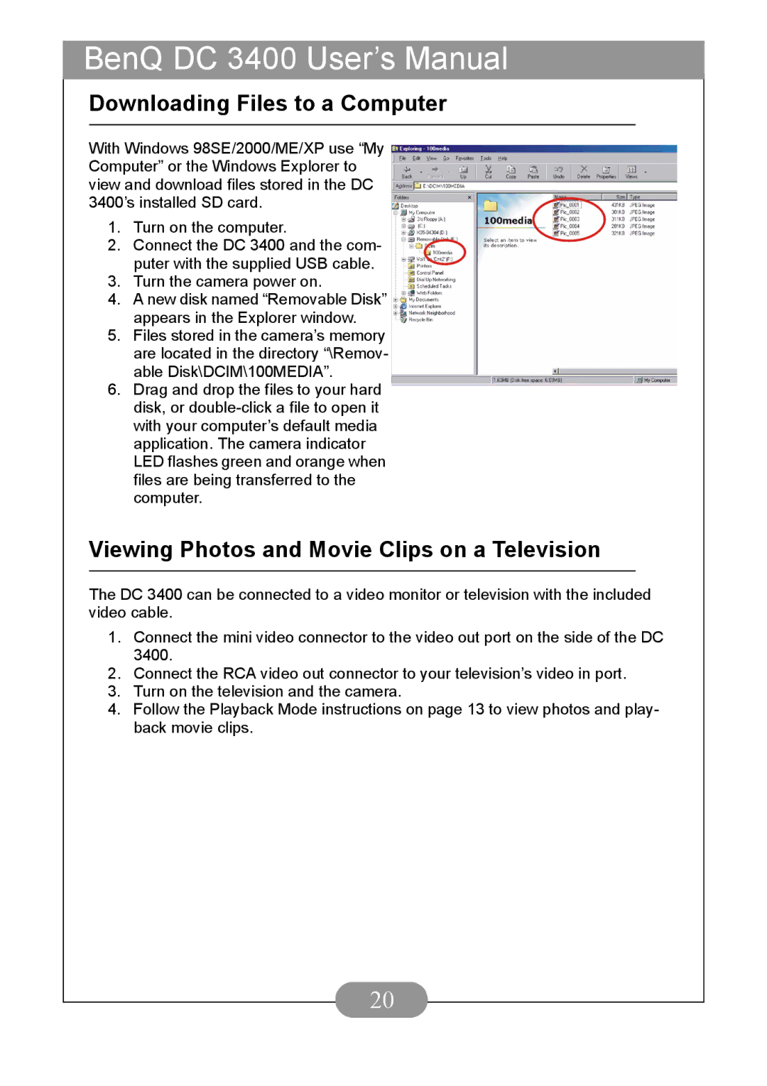 BenQ DC3400 user manual Downloading Files to a Computer, Viewing Photos and Movie Clips on a Television 