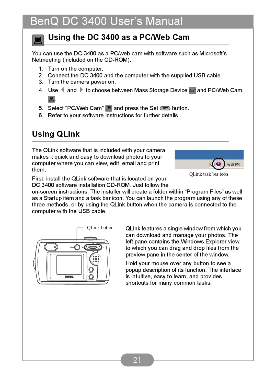 BenQ DC3400 user manual Using the DC 3400 as a PC/Web Cam, Using QLink 