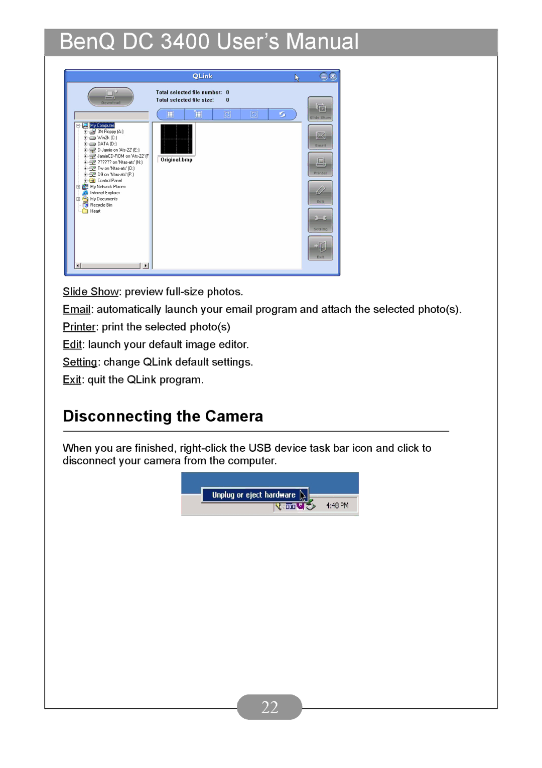 BenQ DC3400 user manual Disconnecting the Camera 