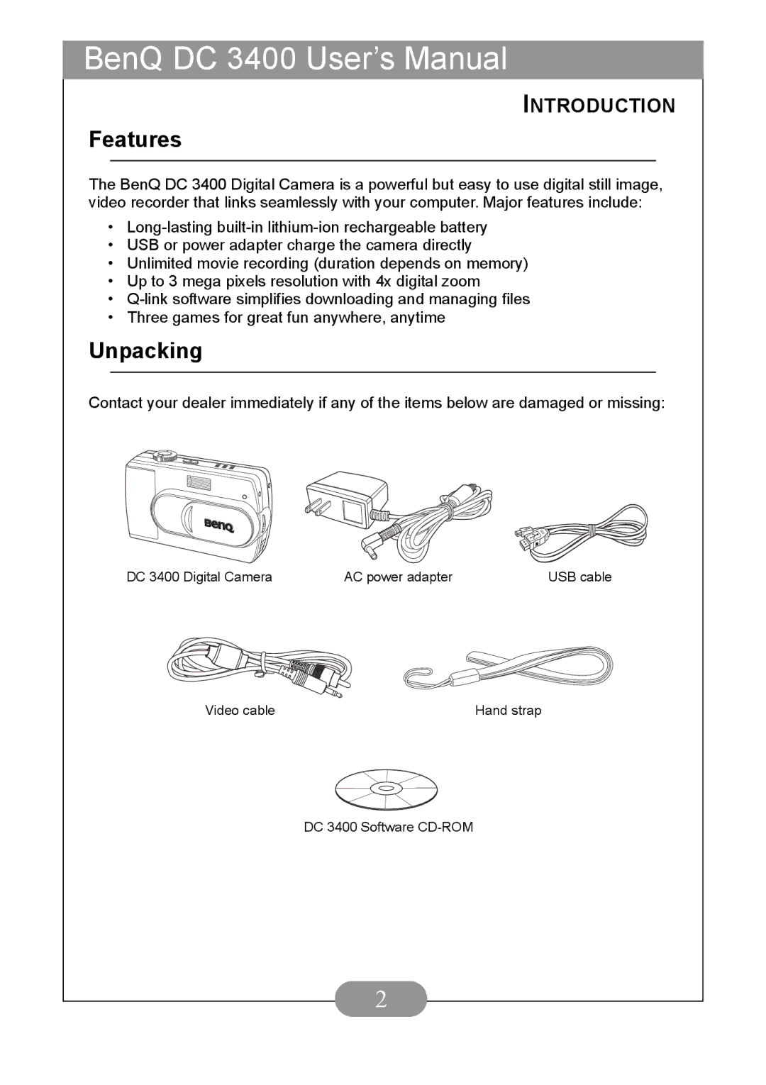 BenQ DC3400 user manual Features, Unpacking 