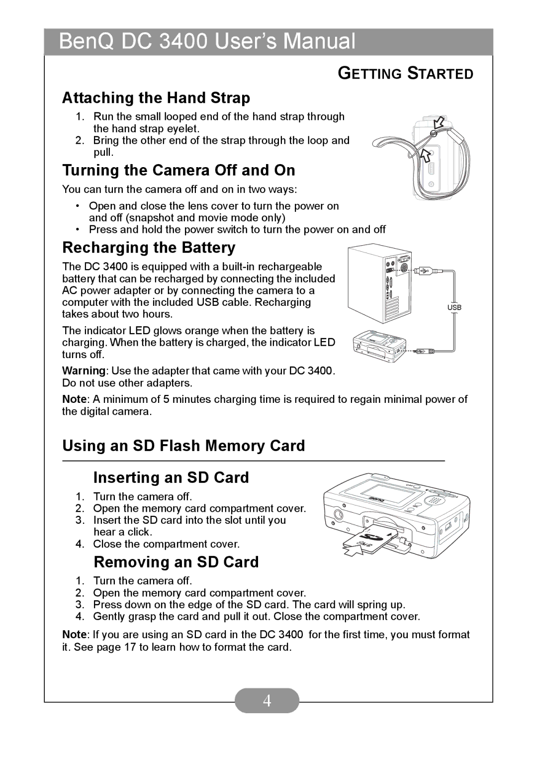 BenQ DC3400 Attaching the Hand Strap, Turning the Camera Off and On, Recharging the Battery, Removing an SD Card 