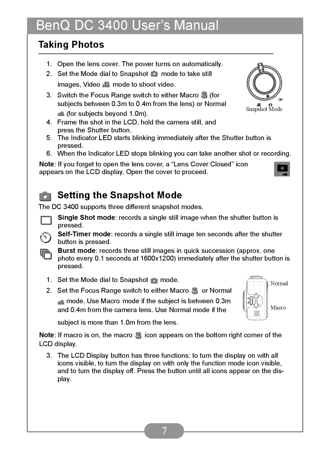 BenQ DC3400 user manual Taking Photos, Setting the Snapshot Mode 