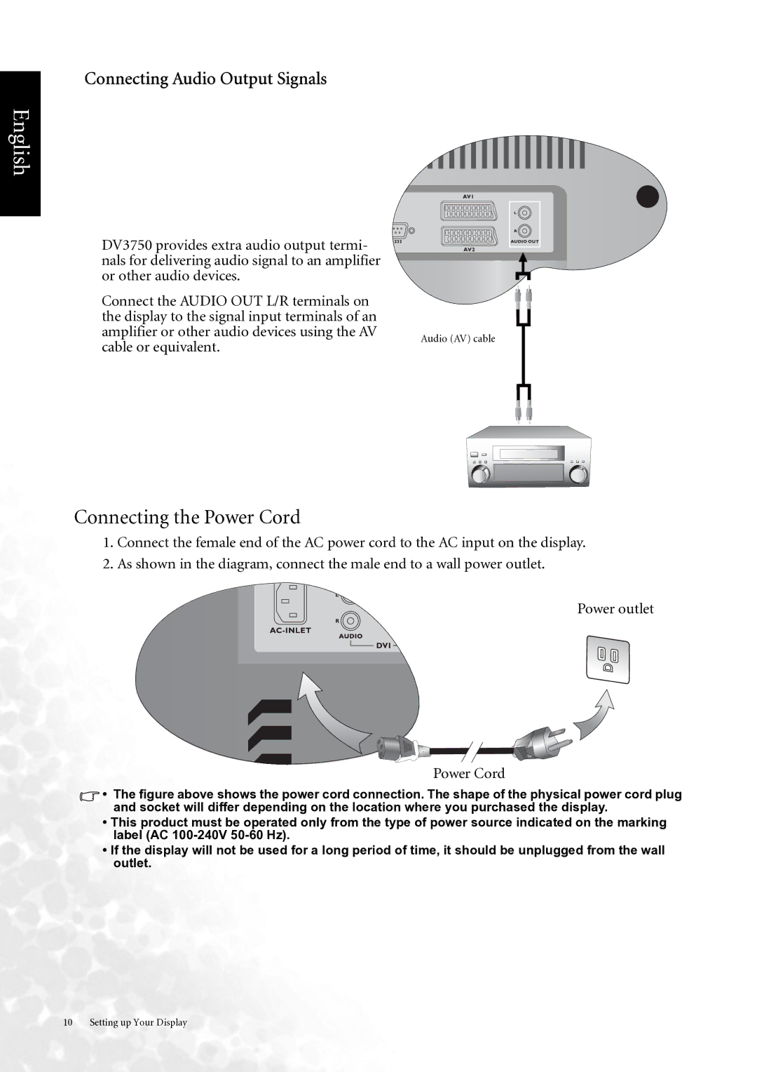 BenQ DV3750 user manual Connecting the Power Cord, Connecting Audio Output Signals 