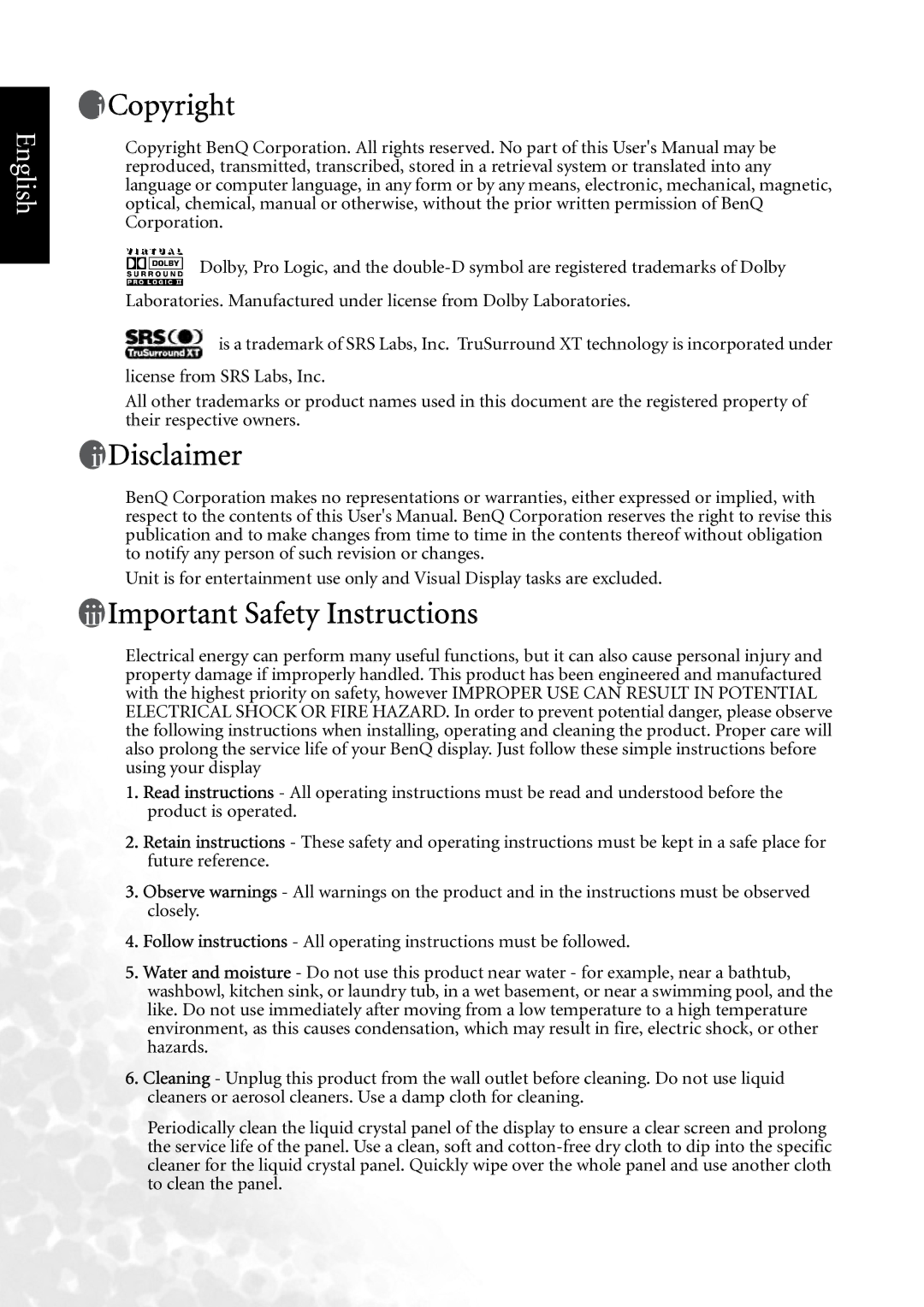 BenQ DV3750 user manual Copyright, Disclaimer, Important Safety Instructions 