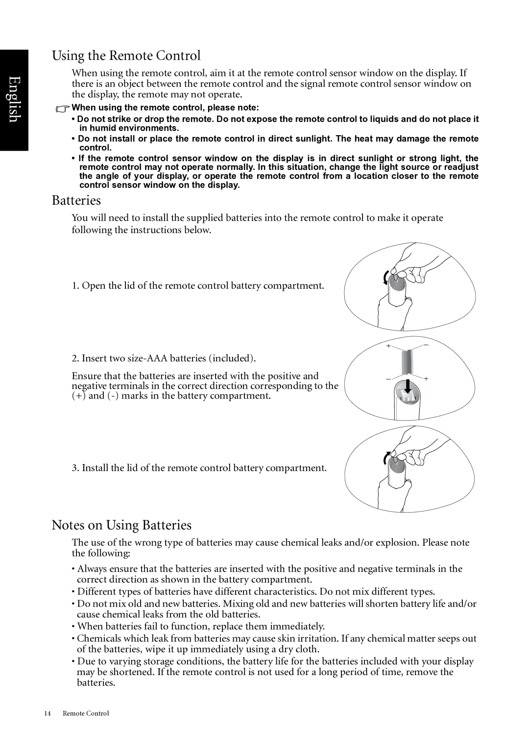 BenQ DV3750 user manual Using the Remote Control, Batteries 