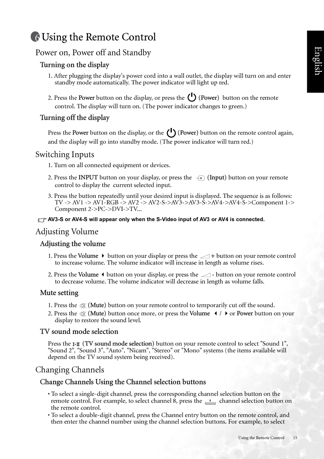 BenQ DV3750 user manual Using the Remote Control, Power on, Power off and Standby, Switching Inputs, Adjusting Volume 