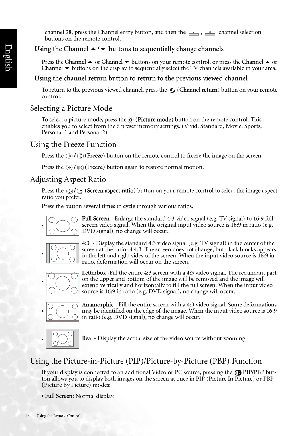 BenQ DV3750 user manual Selecting a Picture Mode, Using the Freeze Function, Adjusting Aspect Ratio 