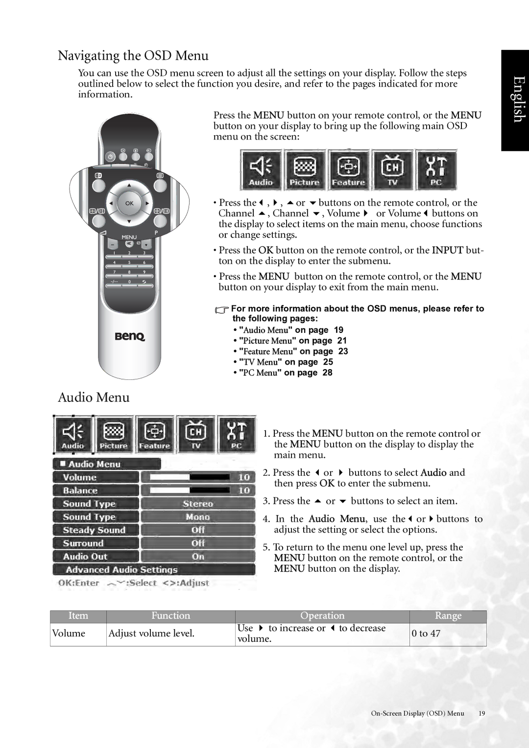 BenQ DV3750 user manual Navigating the OSD Menu, Audio Menu 