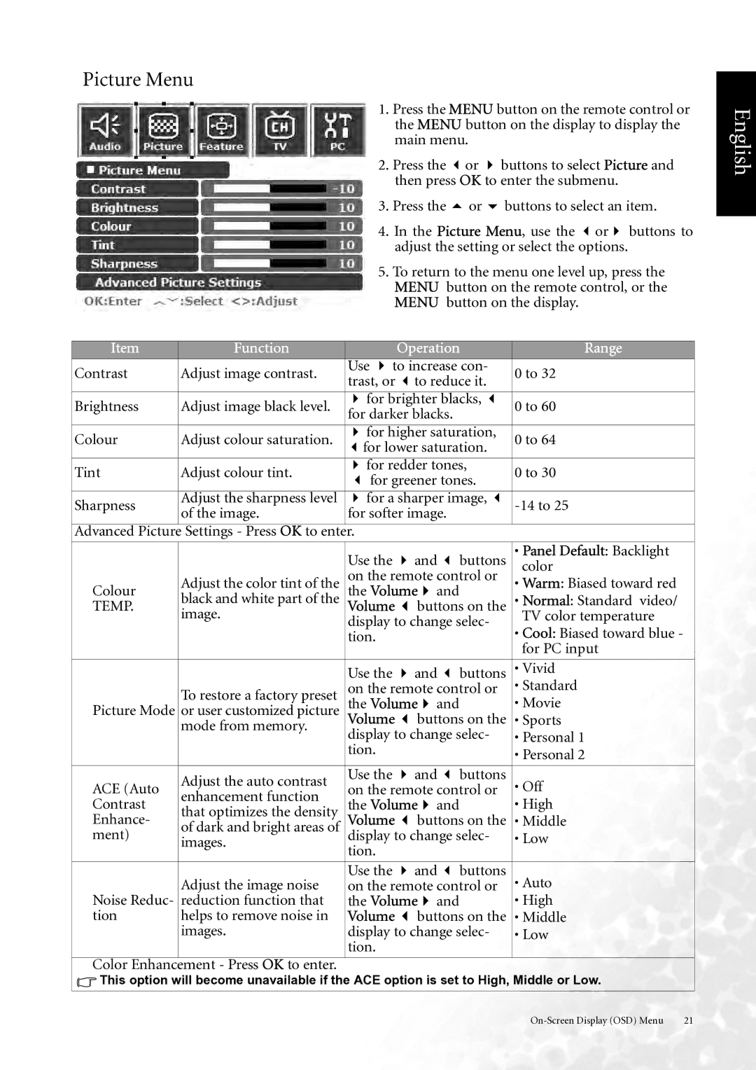 BenQ DV3750 user manual Picture Menu, Volume 