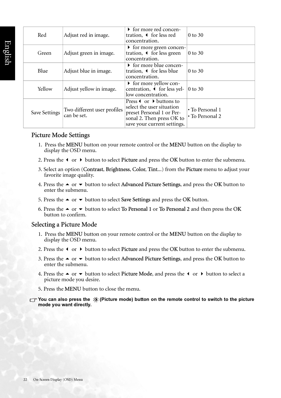 BenQ DV3750 user manual Picture Mode Settings, Selecting a Picture Mode 