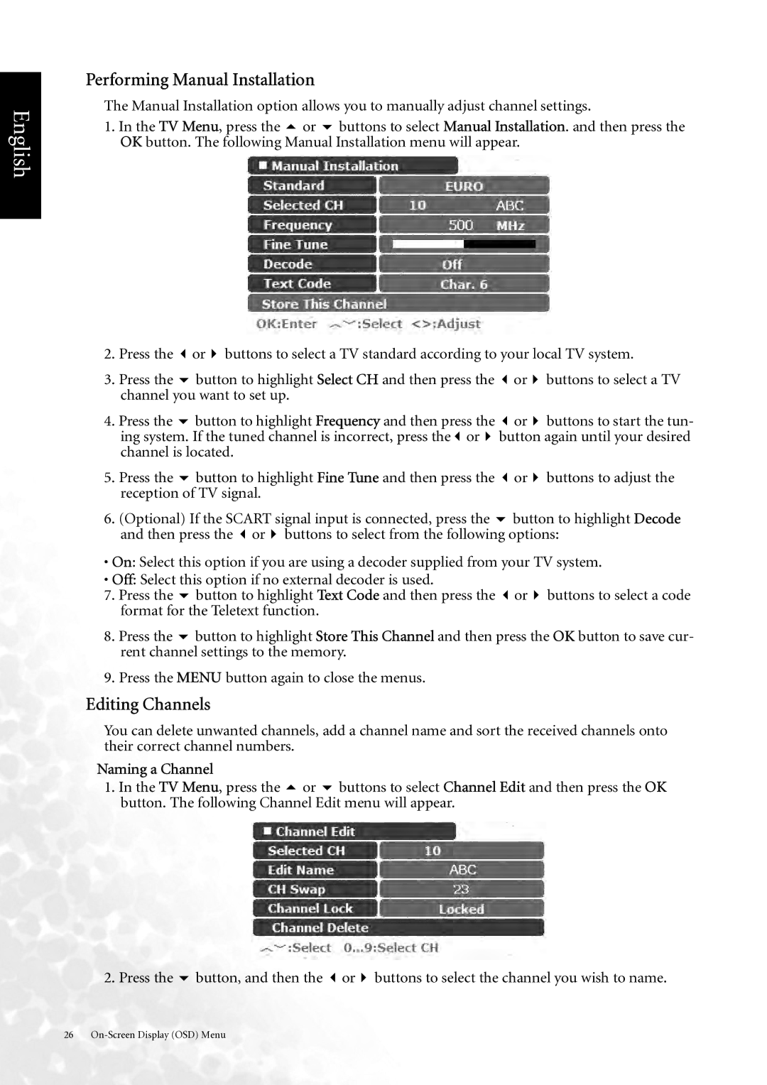 BenQ DV3750 user manual Performing Manual Installation, Editing Channels, Naming a Channel 