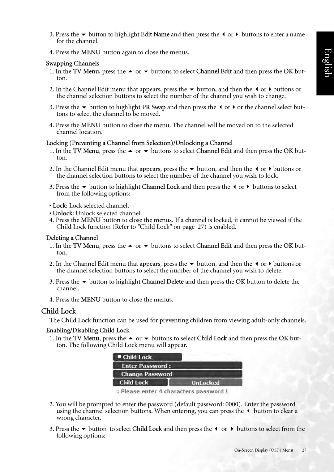 BenQ DV3750 user manual Swapping Channels, Deleting a Channel, Enabling/Disabling Child Lock 