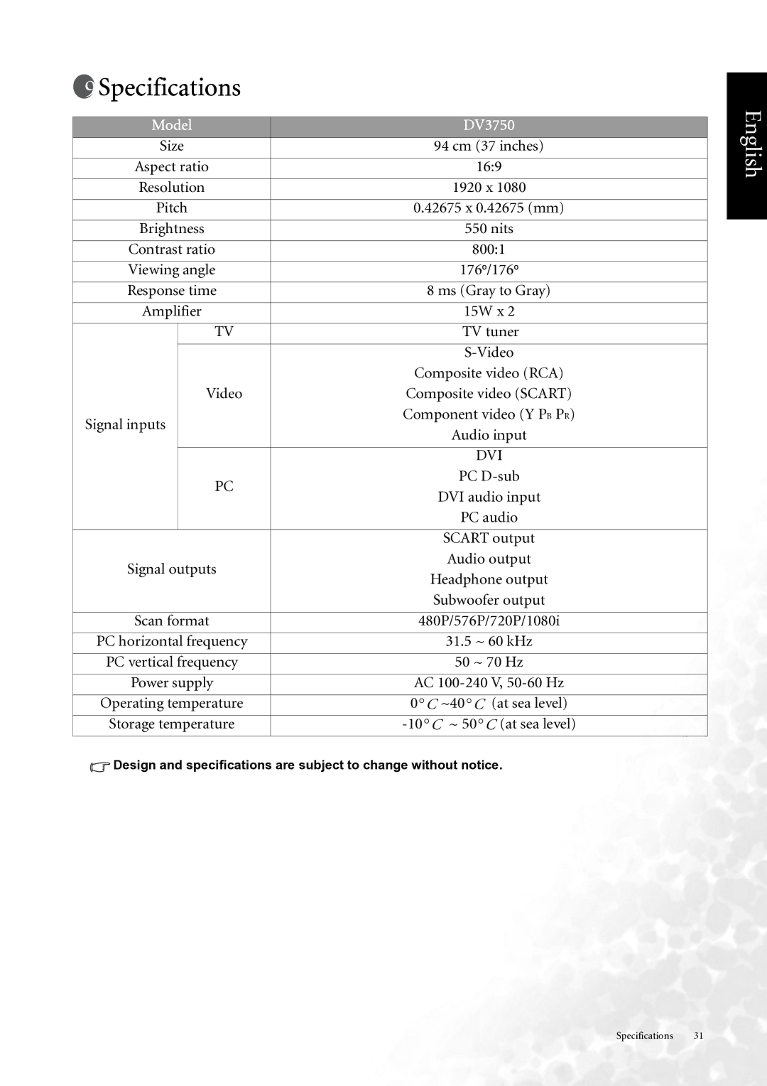 BenQ user manual Specifications, Model DV3750 