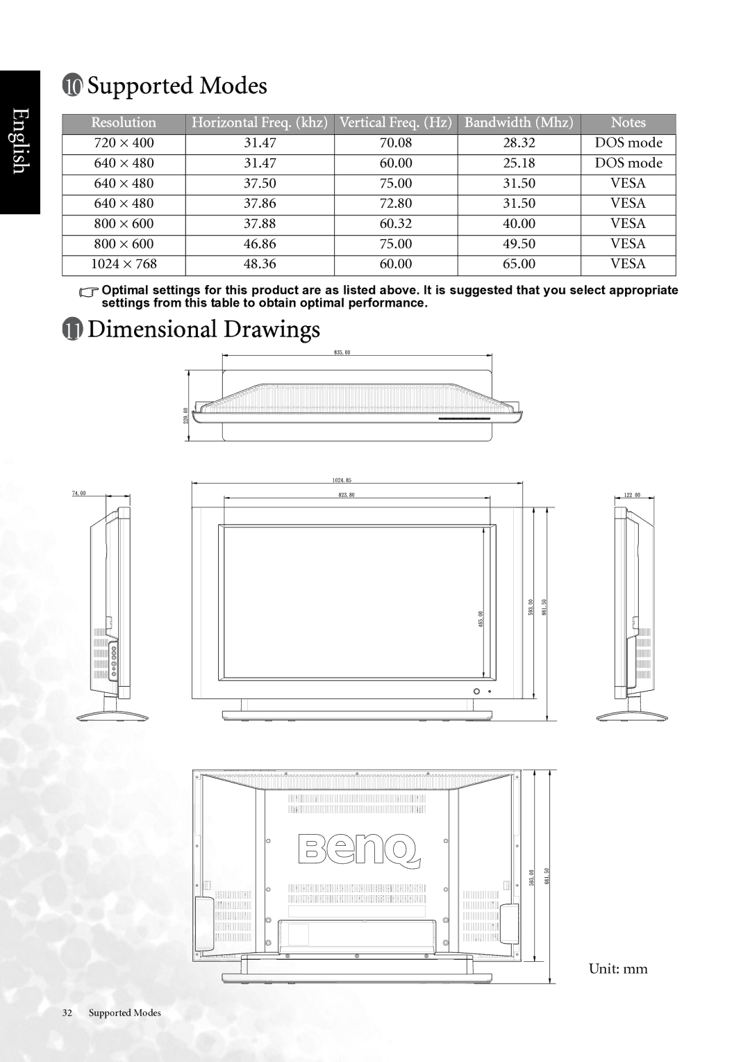 BenQ DV3750 user manual Supported Modes, Dimensional Drawings 