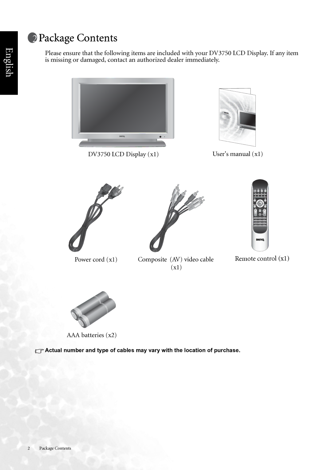 BenQ DV3750 user manual Package Contents 