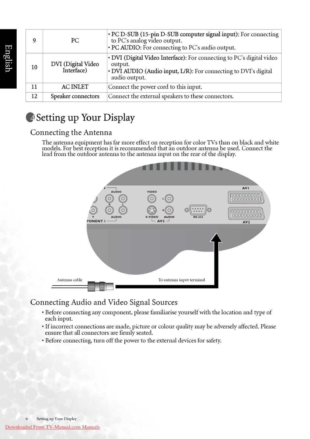 BenQ DV3750 user manual Setting up Your Display, Connecting the Antenna, Connecting Audio and Video Signal Sources 