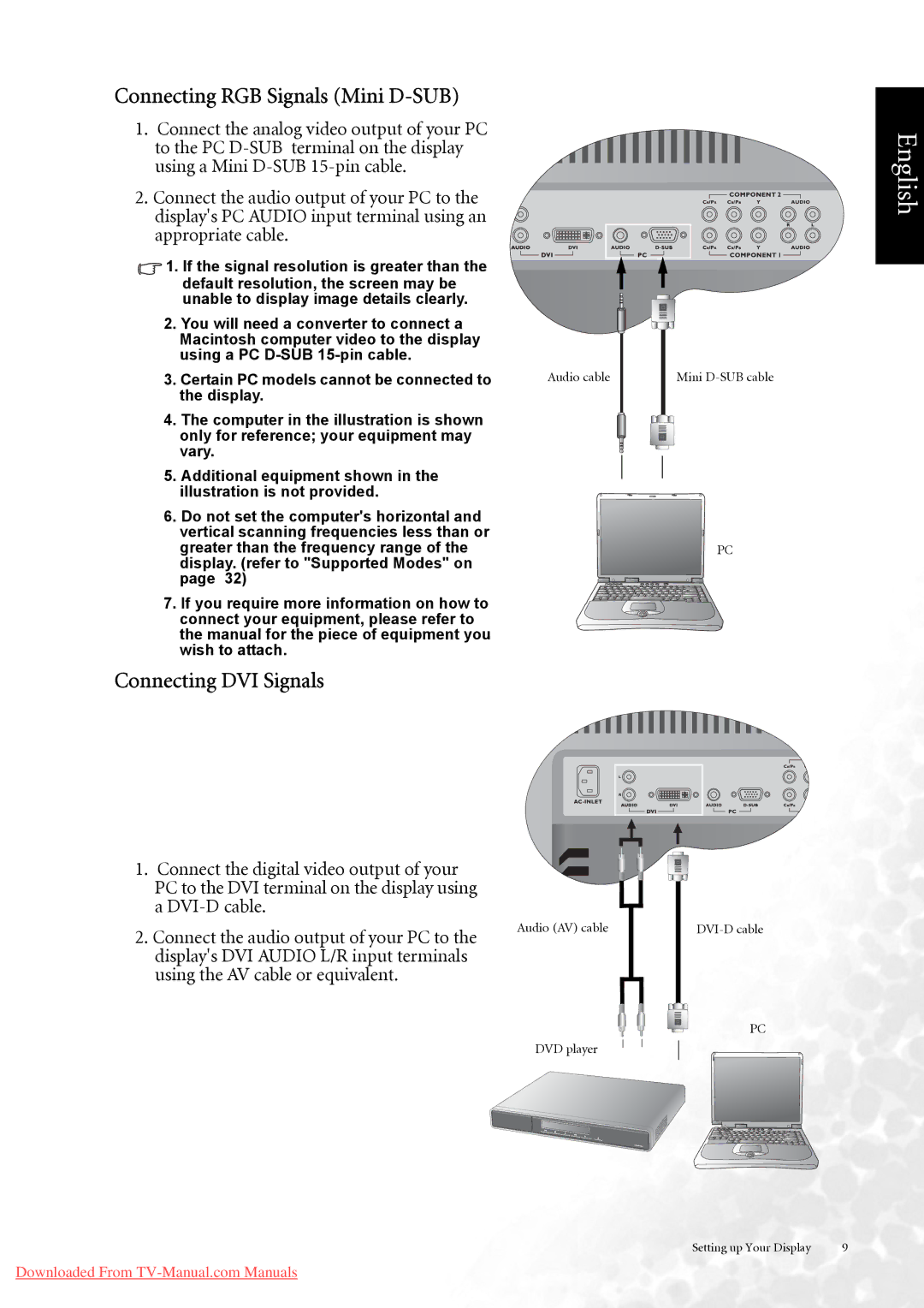 BenQ DV3750 user manual Connecting RGB Signals Mini D-SUB, Connecting DVI Signals 