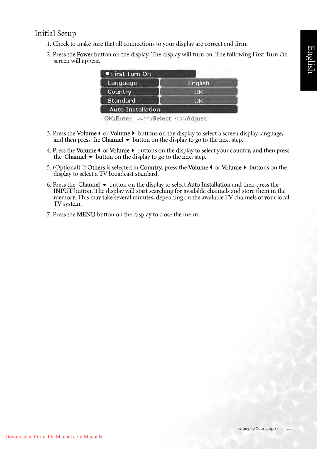 BenQ DV3750 user manual Initial Setup, Or Volume, Channel button on the display to go to the next step 