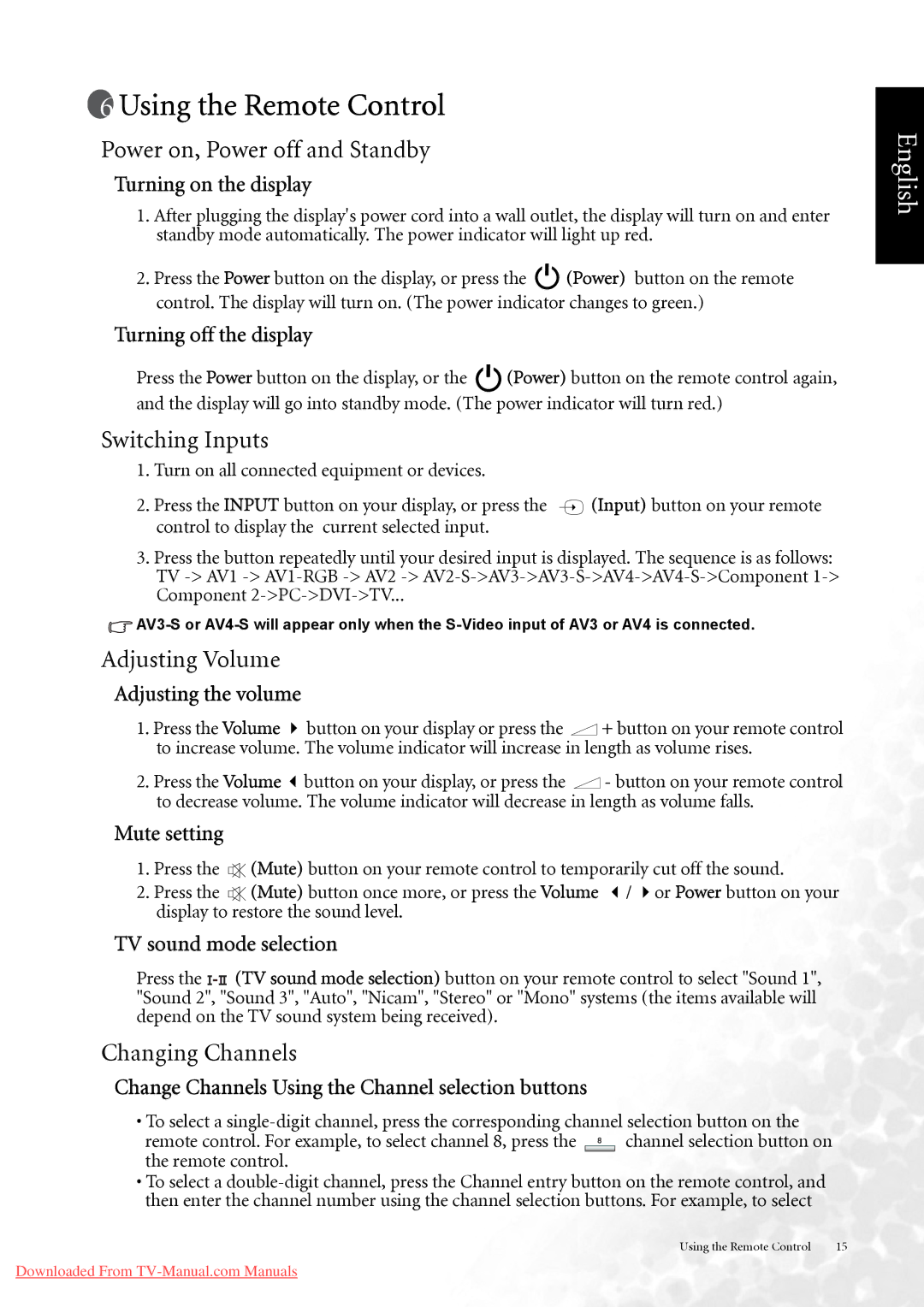 BenQ DV3750 user manual Using the Remote Control, Power on, Power off and Standby, Switching Inputs, Adjusting Volume 