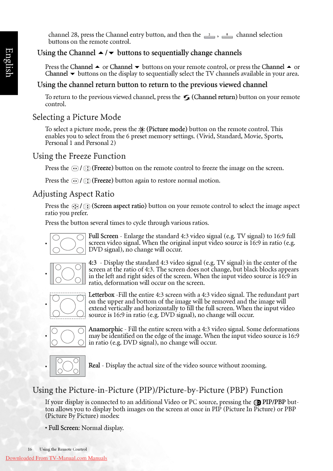 BenQ DV3750 user manual Selecting a Picture Mode, Using the Freeze Function, Adjusting Aspect Ratio 