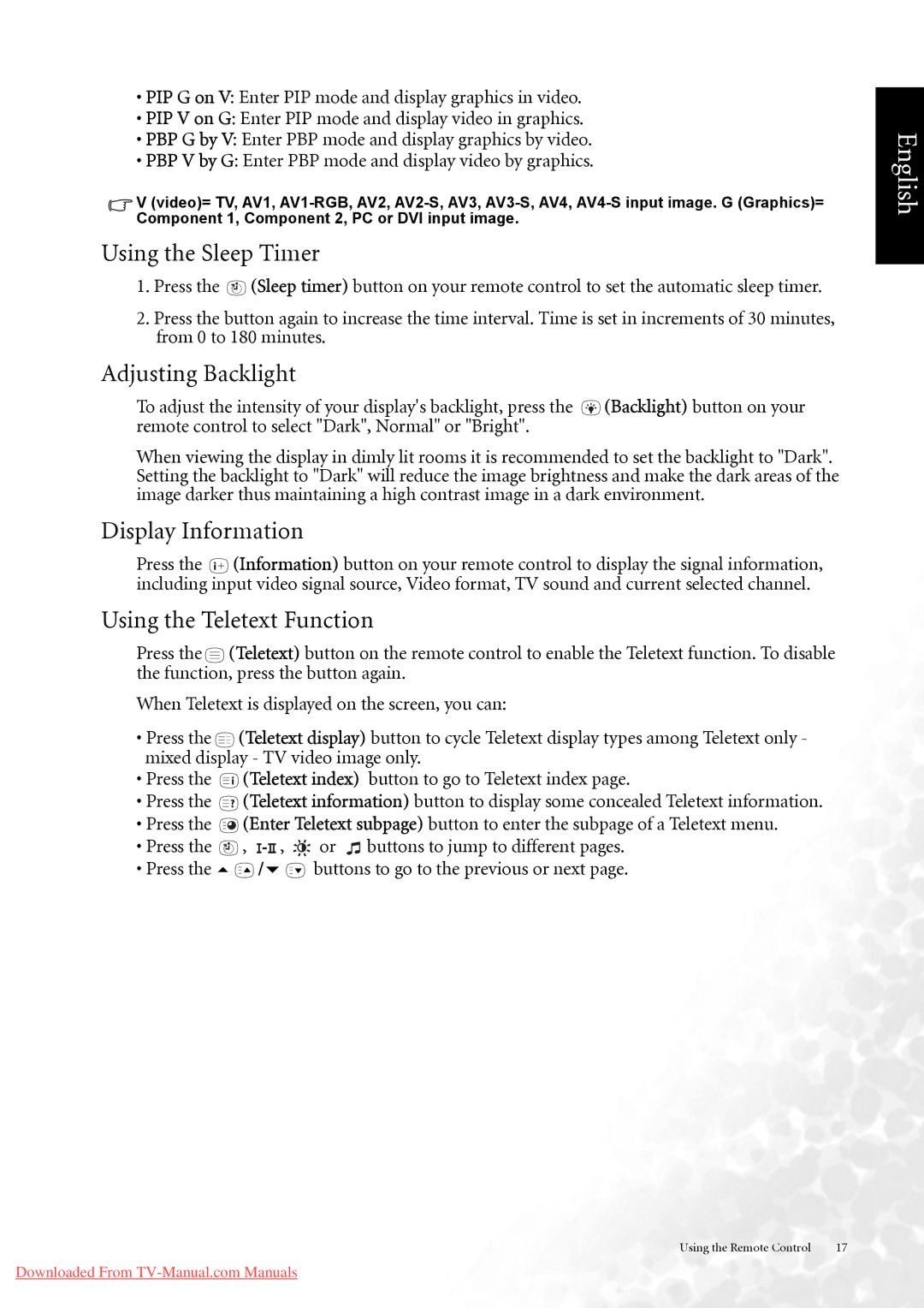 BenQ DV3750 user manual Using the Sleep Timer, Adjusting Backlight, Display Information, Using the Teletext Function 