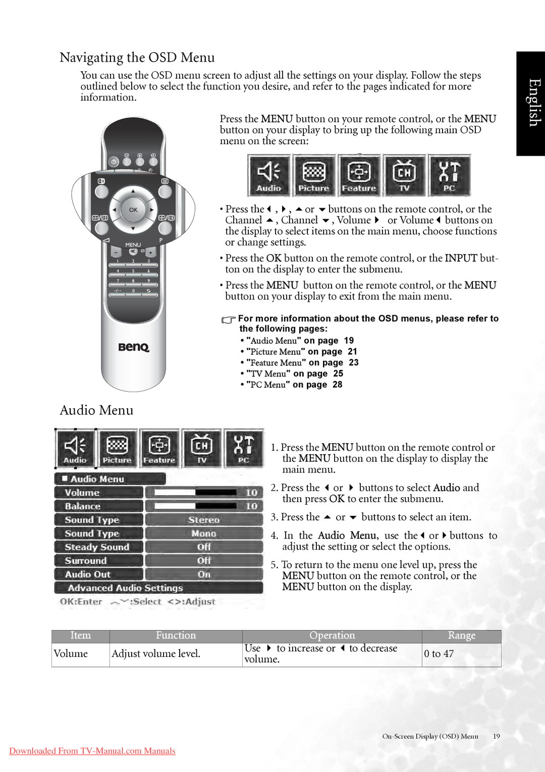 BenQ DV3750 user manual Navigating the OSD Menu, Audio Menu, Then press OK to enter the submenu 