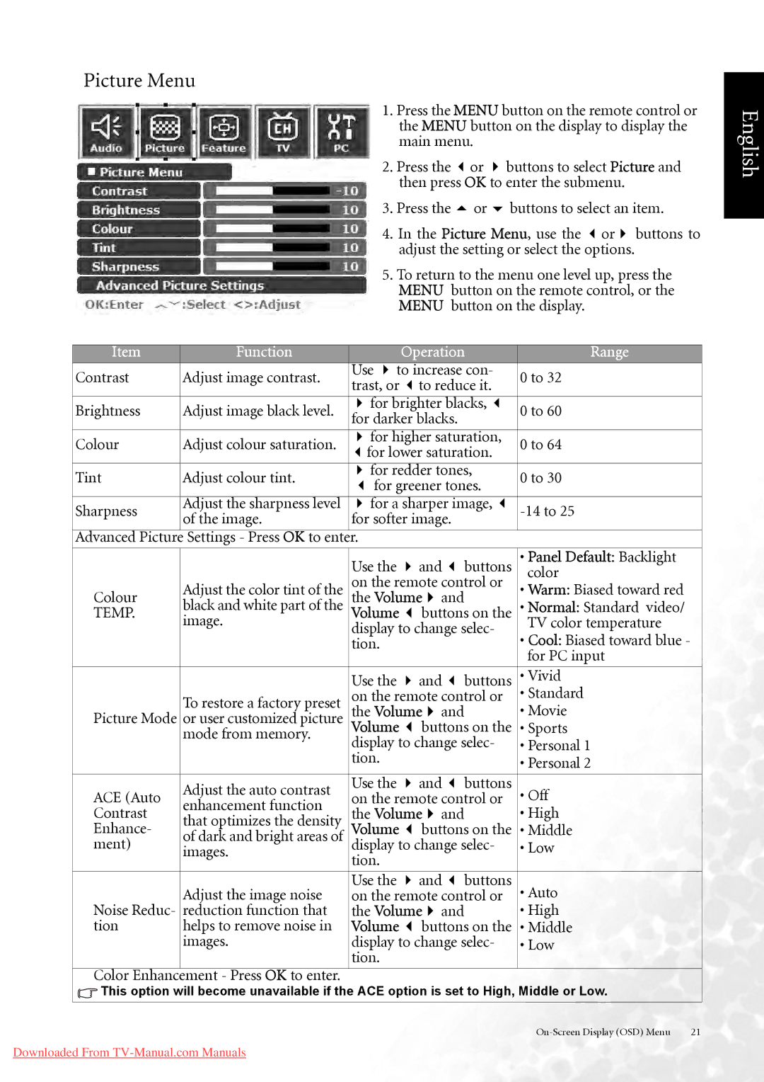 BenQ DV3750 user manual Picture Menu 